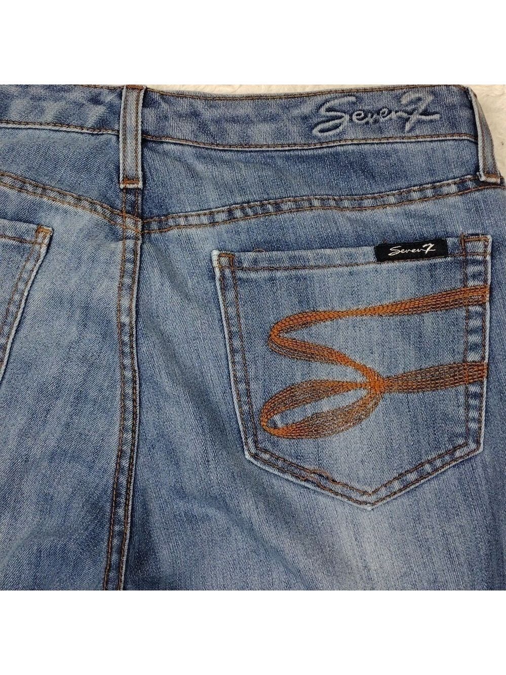 Seven7 Studio Blue Medium Wash Embroidered Five Pocket High Rise Flare Leg Jean - Picture 14 of 16